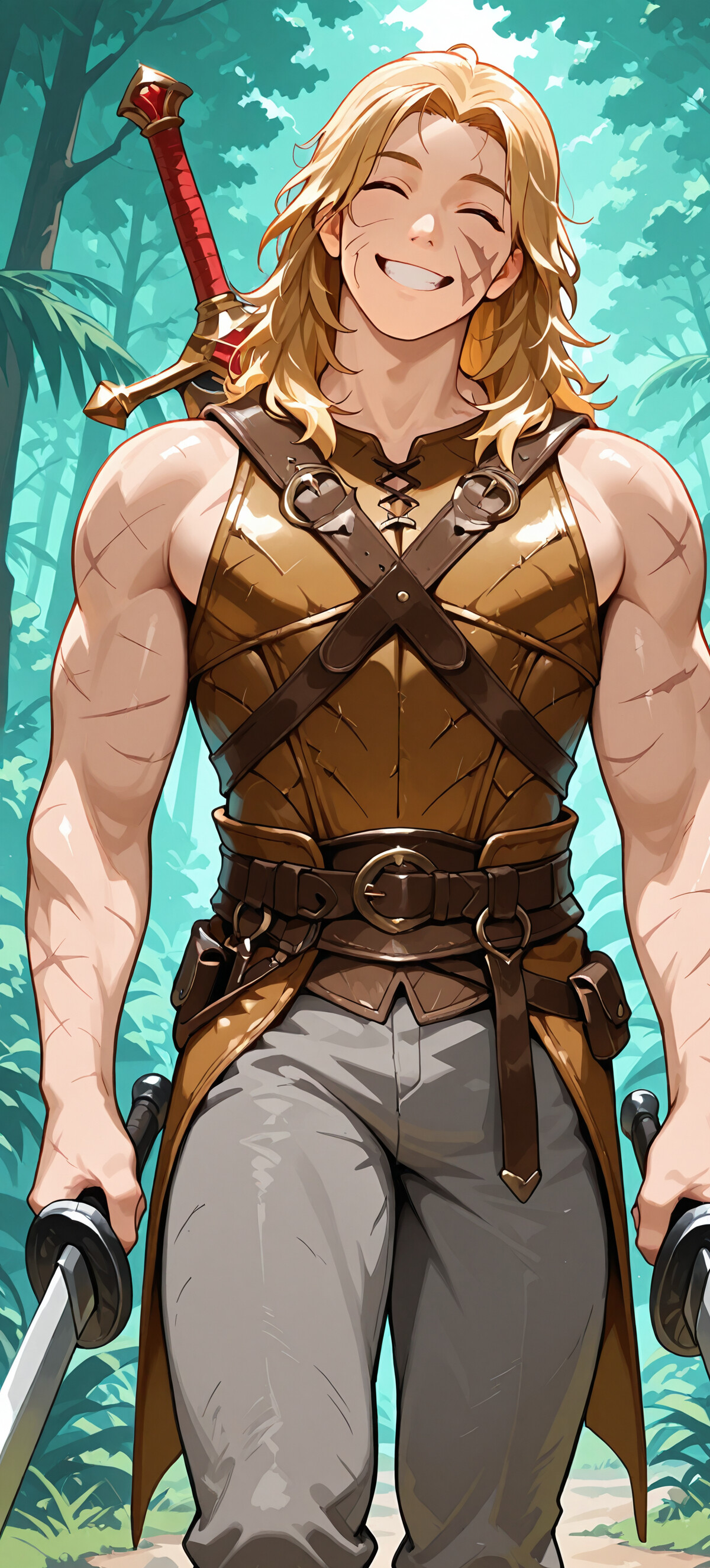 Um jovem musculoso, com longos cabelos loiros e um largo sorriso, vestindo uma armadura de couro castanho e segurando duas espadas em uma floresta verde.