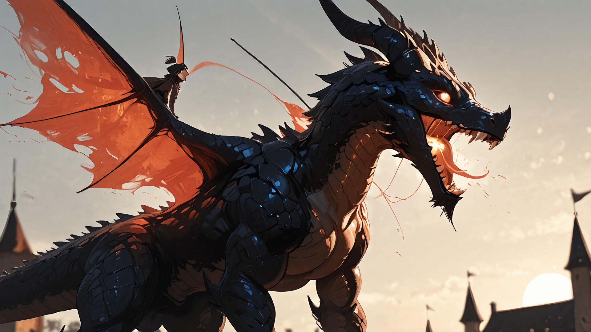 Um enorme dragão serpentiforme, resplandecente com fogo e chamas, repousa majestosamente no topo da torre mais alta de um castelo gótico e sombrio, ao crepúsculo.