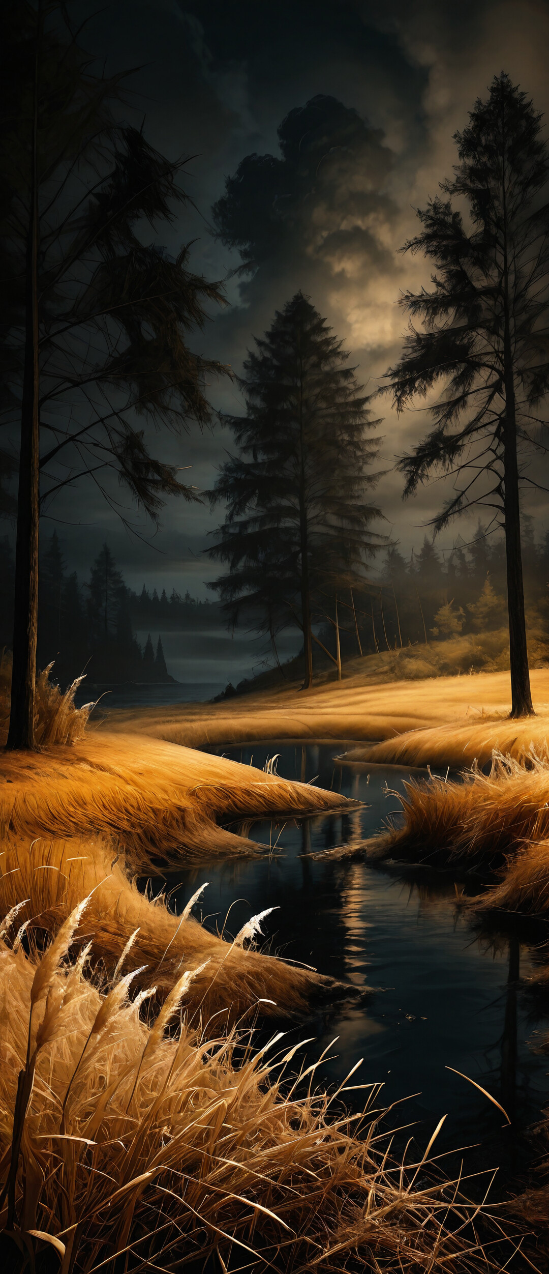 Uma imagem que evoca uma pintura, mostrando um caminho de terra serpenteando por um campo dourado de grama alta em direção ao oceano, emoldurado por pinheiros escuros sob um céu noturno nublado.