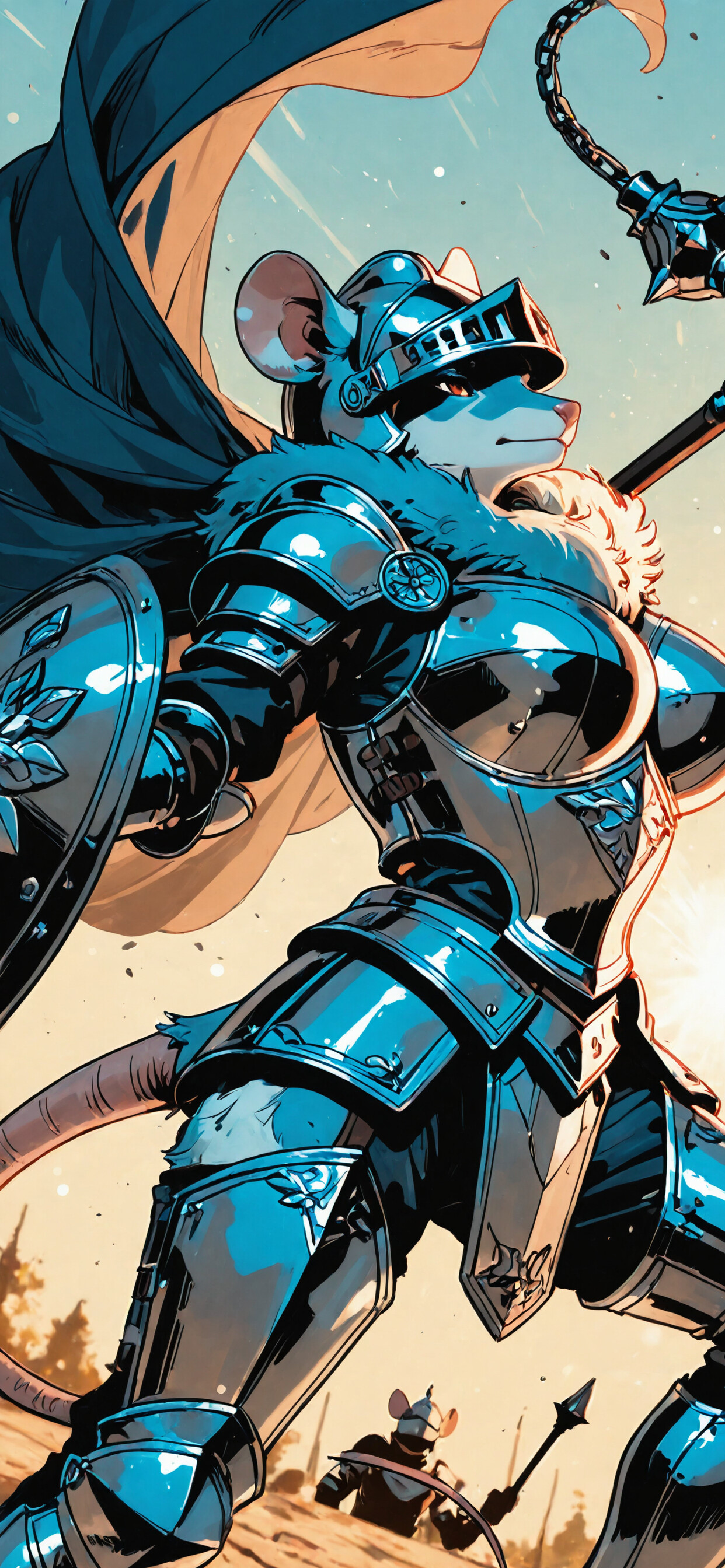 Uma ilustração digital de uma guerreira antropomórfica, com aparência de rato, vestida com uma armadura completa de placas e um capacete, segurando um mangual e com uma capa vermelha esvoaçante atrás dela. Ela tem uma expressão determinada no rosto.