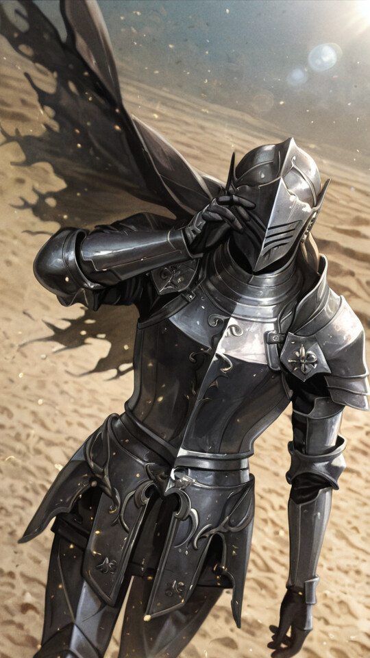 Um cavaleiro, vestido com uma armadura completa de metal, está em pé no deserto, com a cabeça baixa e uma mão pousada no capacete, numa pose de desespero. O sol brilha intensamente acima, e uma figura escura afasta-se ao fundo.
