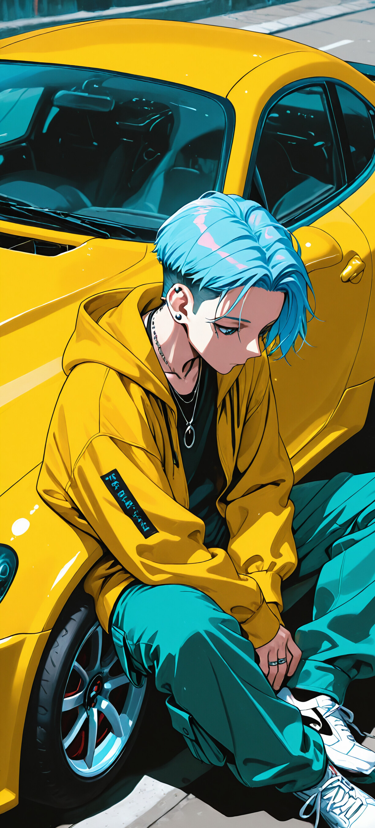 Uma ilustração em estilo anime de um jovem com cabelo azul e um casaco amarelo, sentado no capô de um carro esportivo amarelo, olhando para baixo.