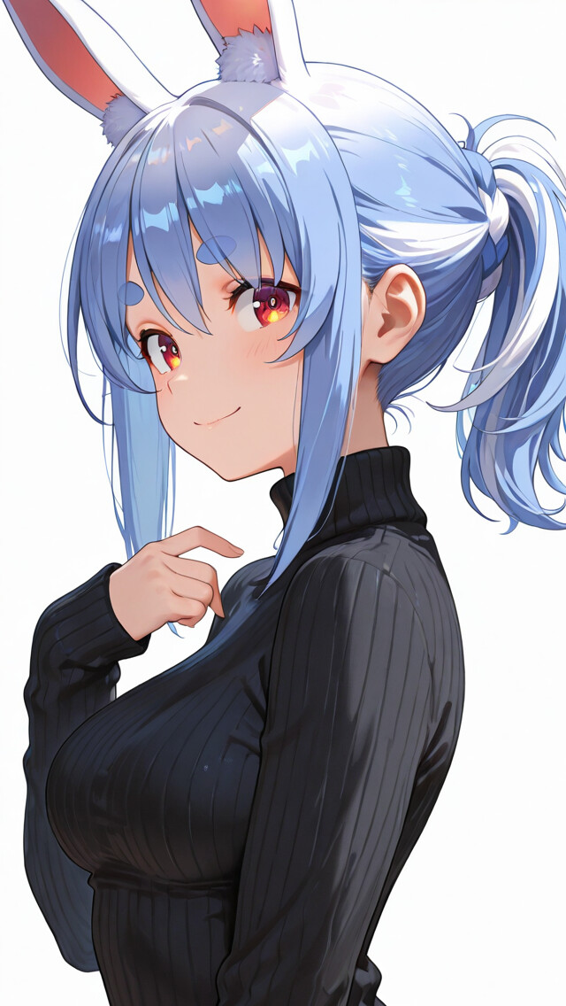 Uma ilustração em estilo anime de Usada Pekora, uma menina com cabelo azul-claro preso em um rabo de cavalo e orelhas de coelho brancas, sorrindo suavemente enquanto veste um suéter preto de gola alta, com um fundo branco.