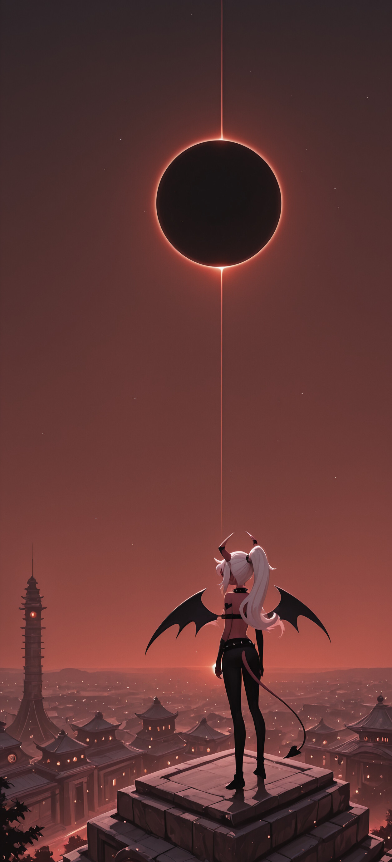 Verosika Mayday, uma personagem diabólica com longos cabelos brancos, chifres e asas, está no topo de uma montanha, observando uma paisagem infernal com um alto pagode sob um eclipse solar total.