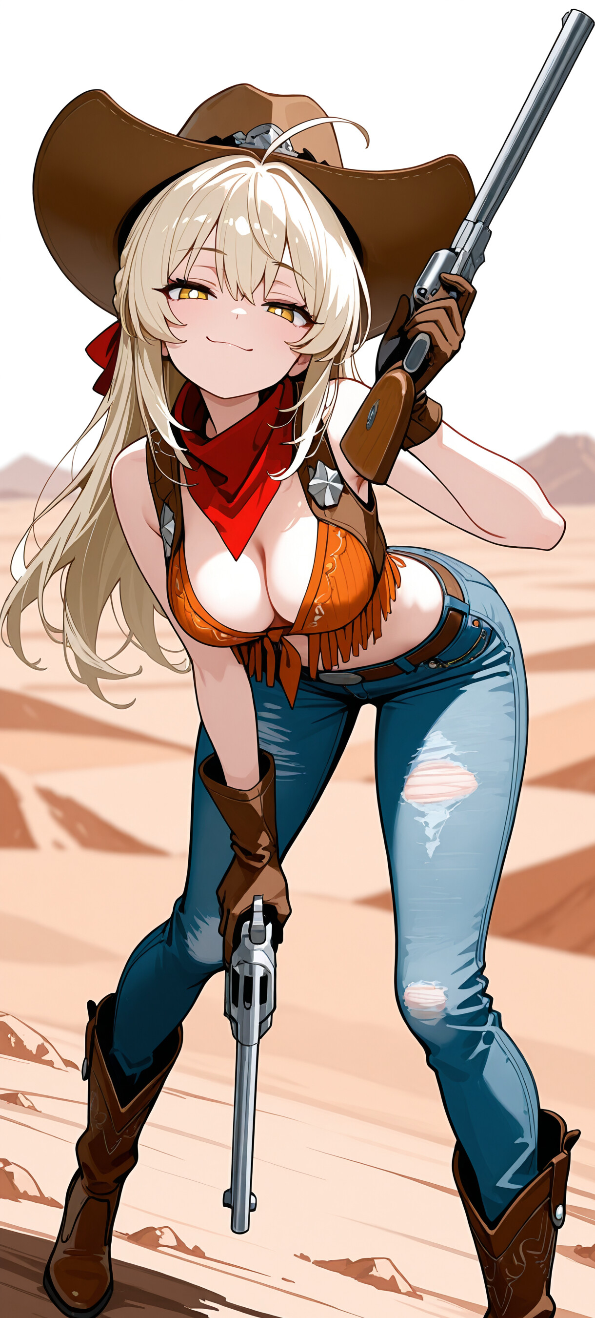 Uma ilustração em estilo anime de uma cowgirl loira, identificada como Lumine, de Genshin Impact, num deserto. Ela usa um chapéu de cowboy, um colete com franjas e calças de ganga rasgadas, sorrindo de forma satisfeita enquanto aponta uma pistola para o espectador.