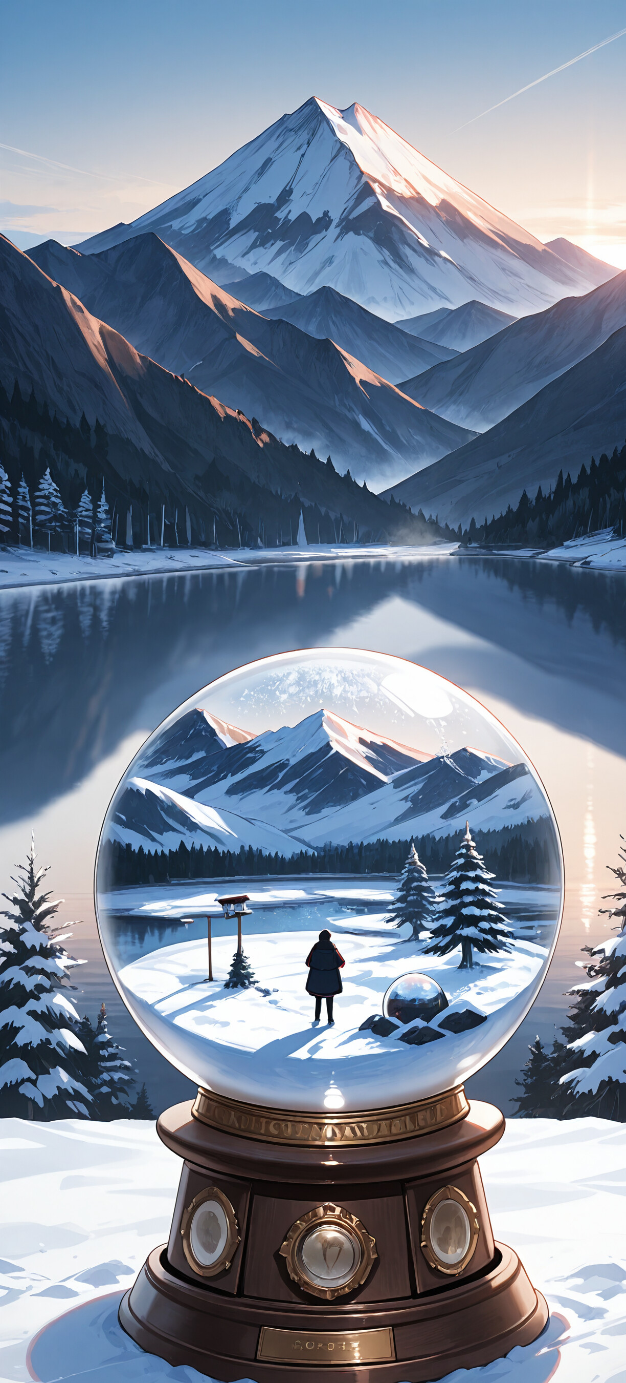 Um globo de neve de vidro que contém uma miniatura de uma paisagem invernal, com uma cabana e árvores, emoldurada por uma paisagem real de uma cordilheira coberta de neve e um lago calmo ao amanhecer.