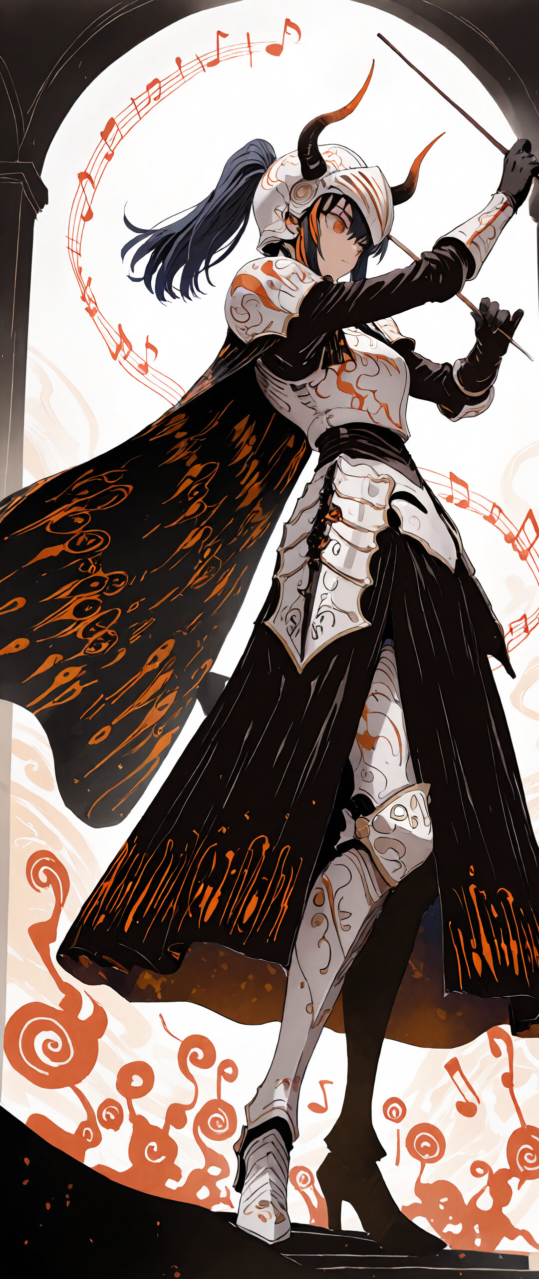 Uma ilustração em estilo anime da personagem Yaneko Uta, representada como uma maestrina com traços de cavaleira. Ela veste uma armadura branca e prateada ricamente decorada, uma capa preta e um capacete com chifres. Ela segura dois bastões de maestrina e está no centro de um vórtice de notas musicais laranja brilhantes.